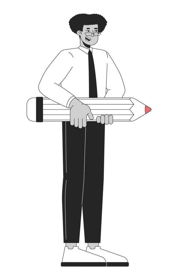 Latin american man office worker with pencil black and white 2D line character. Positive hispanic male manager with writing tool isolated outline person. Monochromatic spot illustration vector