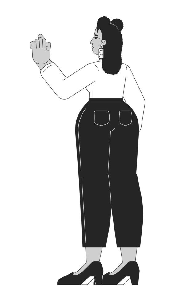 Hispanic woman in formal attire pointing rear view black and white 2D line character. Female office employee with overweight isolated outline person. Monochromatic spot illustration vector