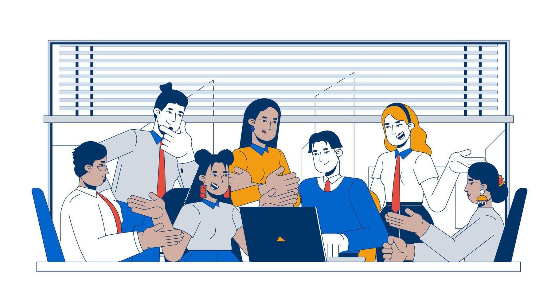 Large meeting conference colleagues cartoon flat illustration. Discussion cooperation. Multicultural coworkers collaboration 2D characters isolated on white background. colorful image vector