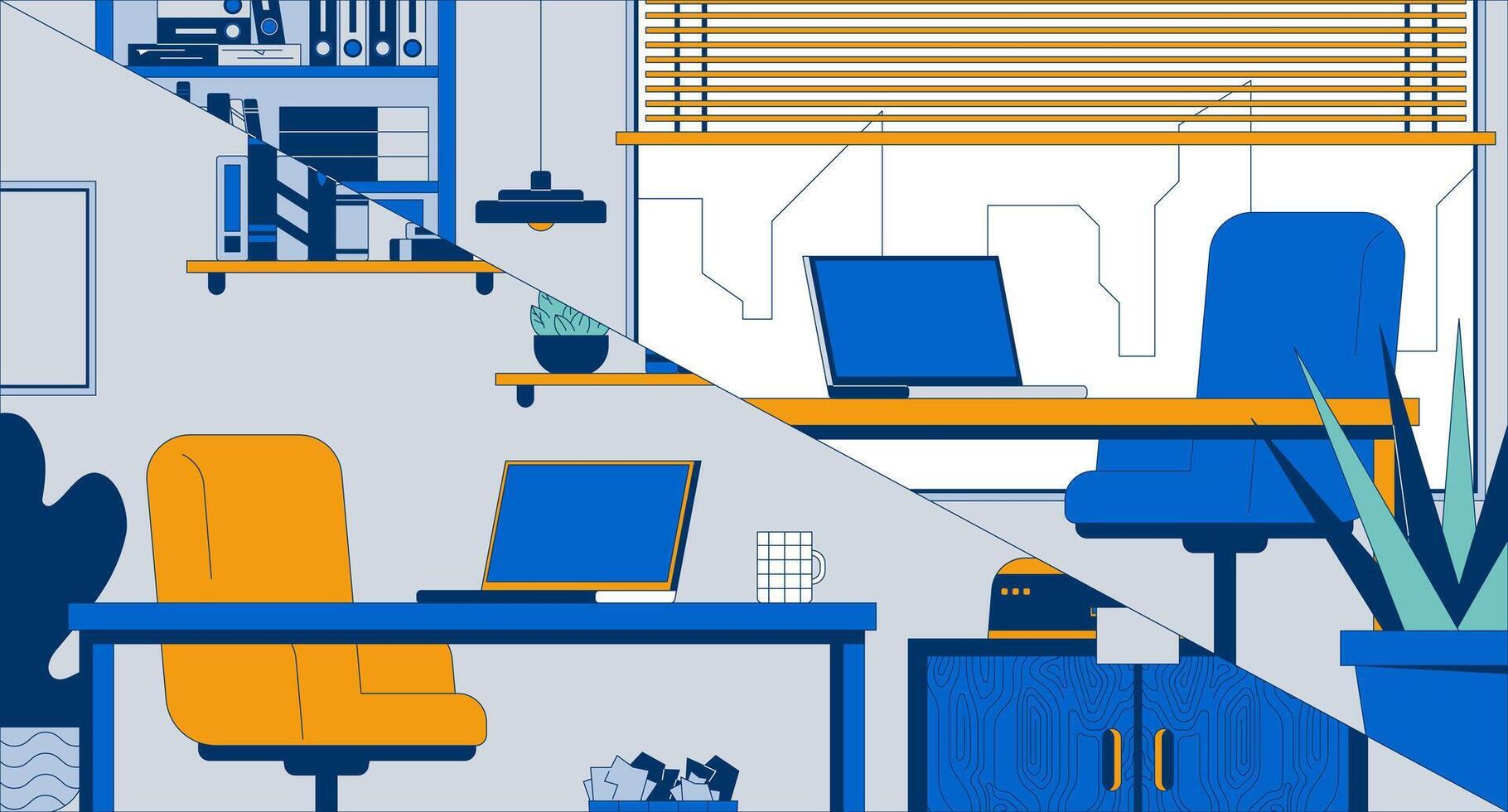 Empty workplaces for virtual meeting laptops flat illustration. Study rooms home offices tables 2D interior cartoon background. Work from home. Telework notebooks desks chairs scene image vector