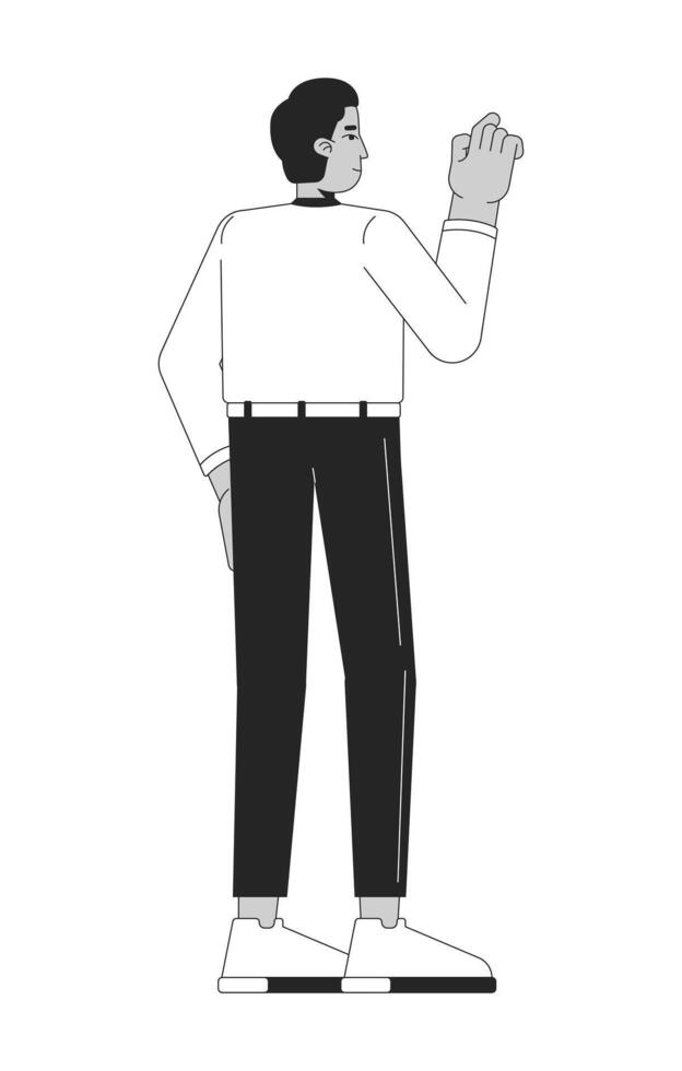 Indian man office worker pointing rear view black and white 2D line character. Hindu male entrepreneur checking information isolated outline person. Monochromatic spot illustration vector