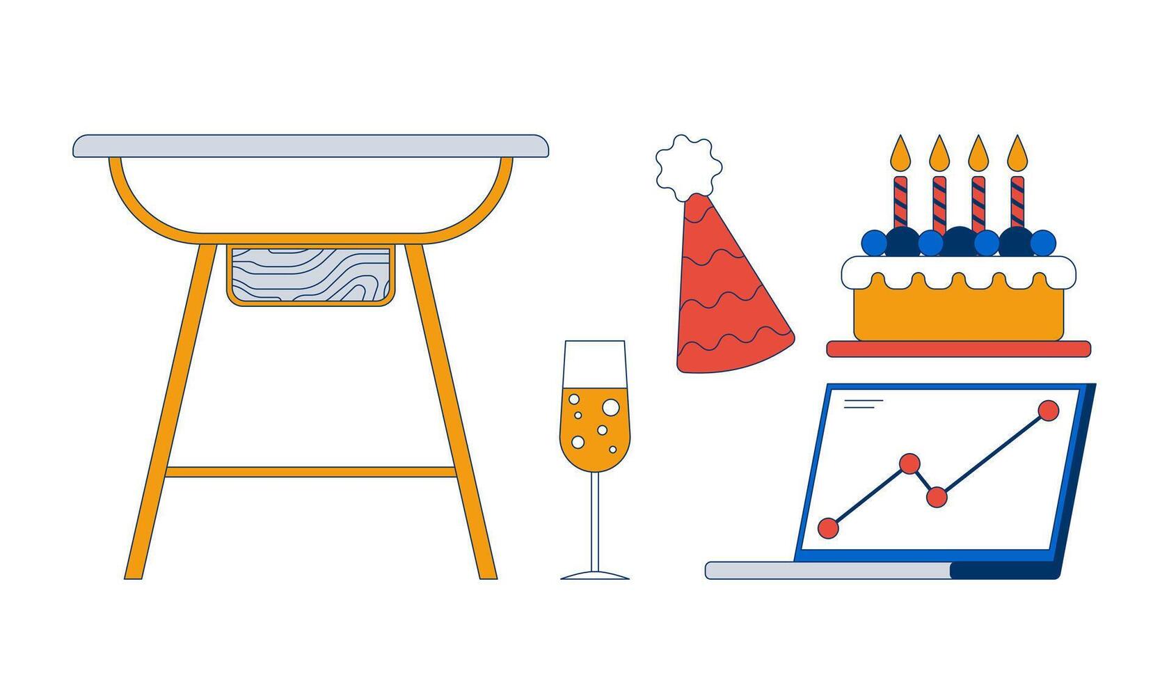 Company milestone celebration party 2D cartoon objects set. Table, sparkling wine glass, candles cake, laptop isolated elements flat cliparts on white background. Spot illustrations collection vector