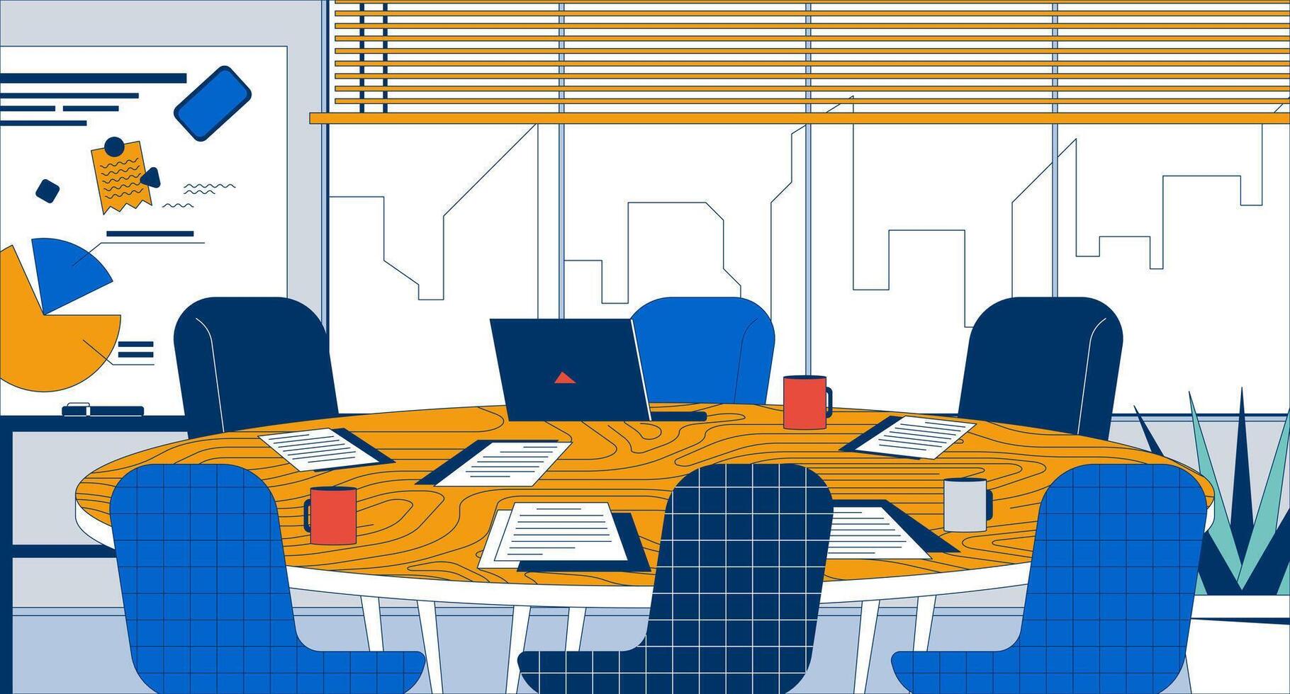 Round conference room table in empty office flat illustration. Meeting briefing 2D interior cartoon background. Paperwork, coffee cups, laptop on tabletop. Workplace furniture scene image vector