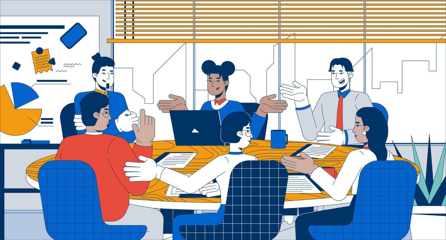 Successful roundtable discussion flat illustration. Negotiating team colleagues 2D characters cartoon background. Diverse coworkers at round table brainstorming scene storytelling image vector