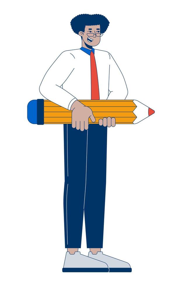 Latin american man office worker with pencil 2D cartoon character. Positive hispanic male manager with writing tool isolated person flat on white background. Spot illustration colorful vector