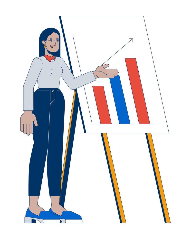Arab woman conducting business presentation 2D cartoon character. Young female marketing specialist near whiteboard isolated person flat on white background. Spot illustration colorful vector