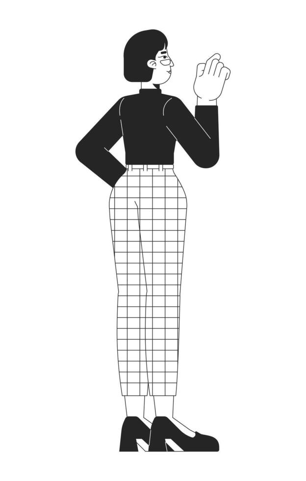 Asian businesswoman with pointing gesture rear view black and white 2D line character. Young adult female corporate employee isolated outline person. Monochromatic spot illustration vector