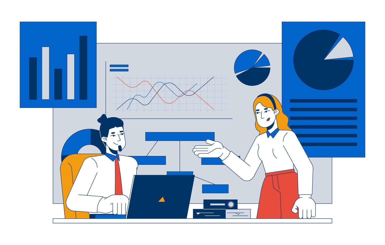 Diverse leaders discussing graphs 2D illustration concept. Finance statistics. Chart analyzing cooperation colleagues cartoon characters isolated on white. Metaphor abstract flat graphic vector