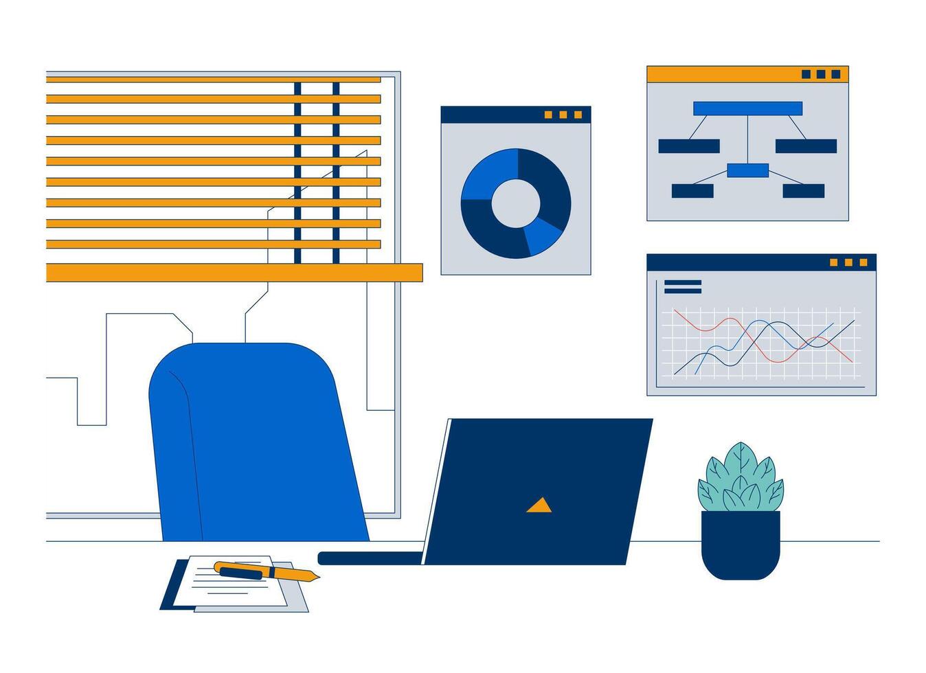 Data analytics job workspace 2D illustration concept. Analysis charts desk setup. Office space laptop potted plant cartoon background isolated on white. Metaphor abstract flat graphic vector