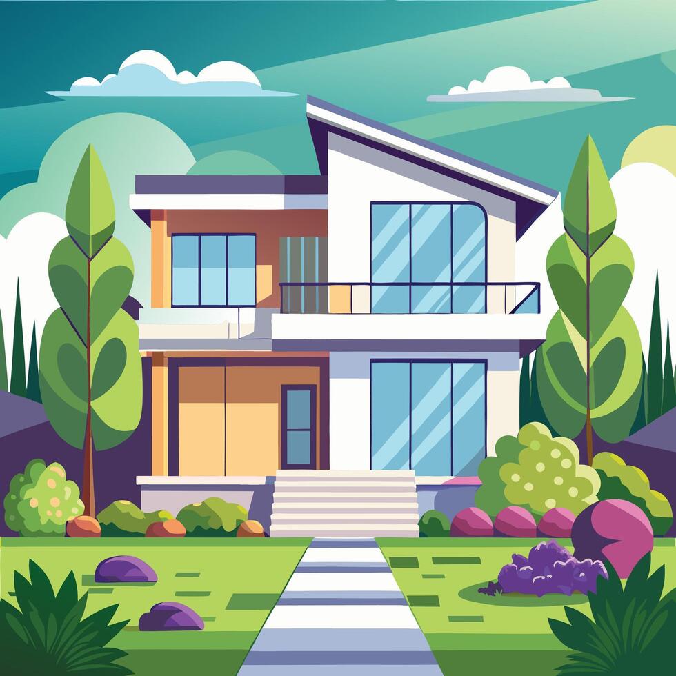 modern house with garden and trees in the background vector