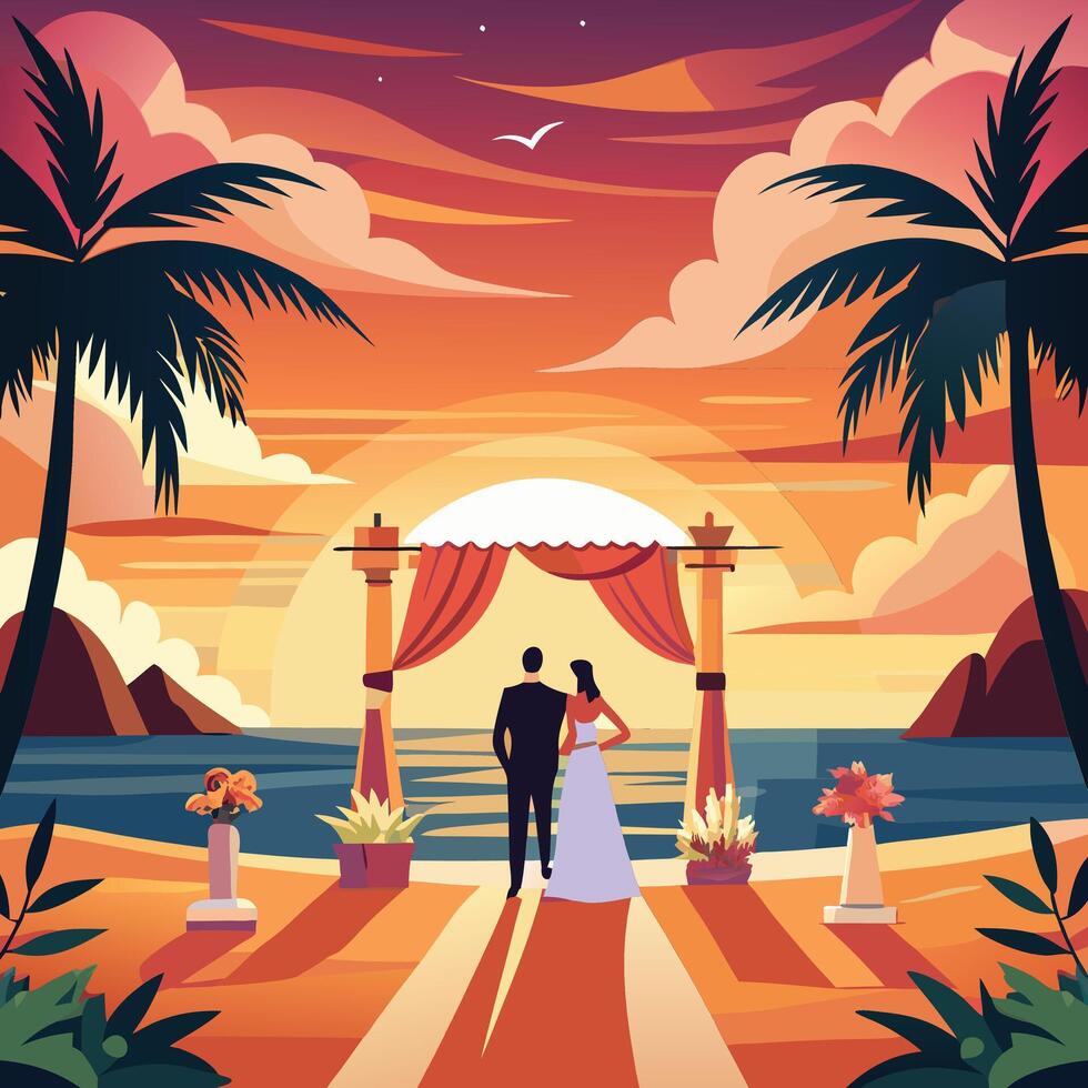 wedding couple on the beach at sunset vector