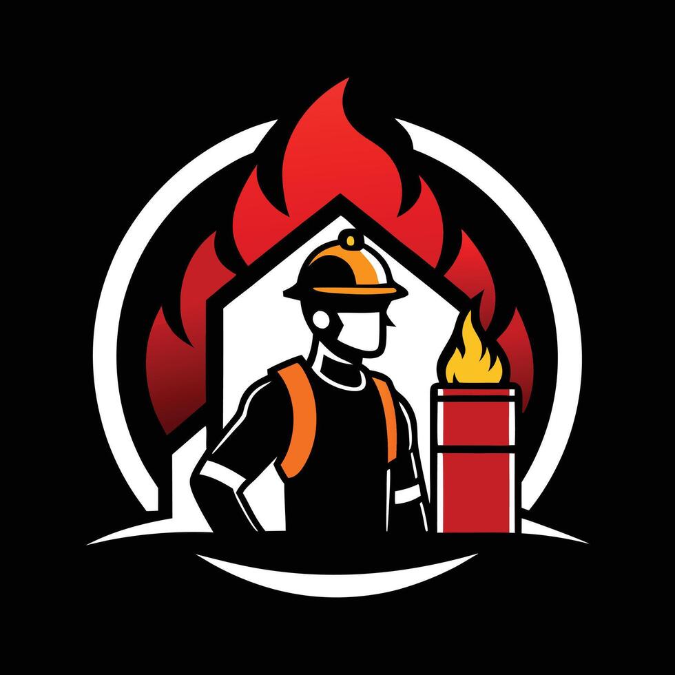 firefighter with fire extinguisher and house vector