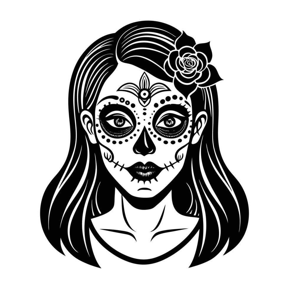 a girl with sugar skull makeup and flowers vector