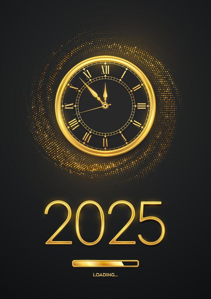 Happy New Year 2025. Golden metallic numbers 2025, gold watch with Roman numeral and countdown midnight with loading bar on shimmering background. Bursting backdrop with glitters. vector
