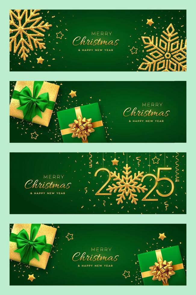 Christmas banner set. Happy New Year 2025. Gift boxes with golden bow, Gold numbers 2025, golden snowflakes stars and glitter confetti. Green header background, card, poster. vector