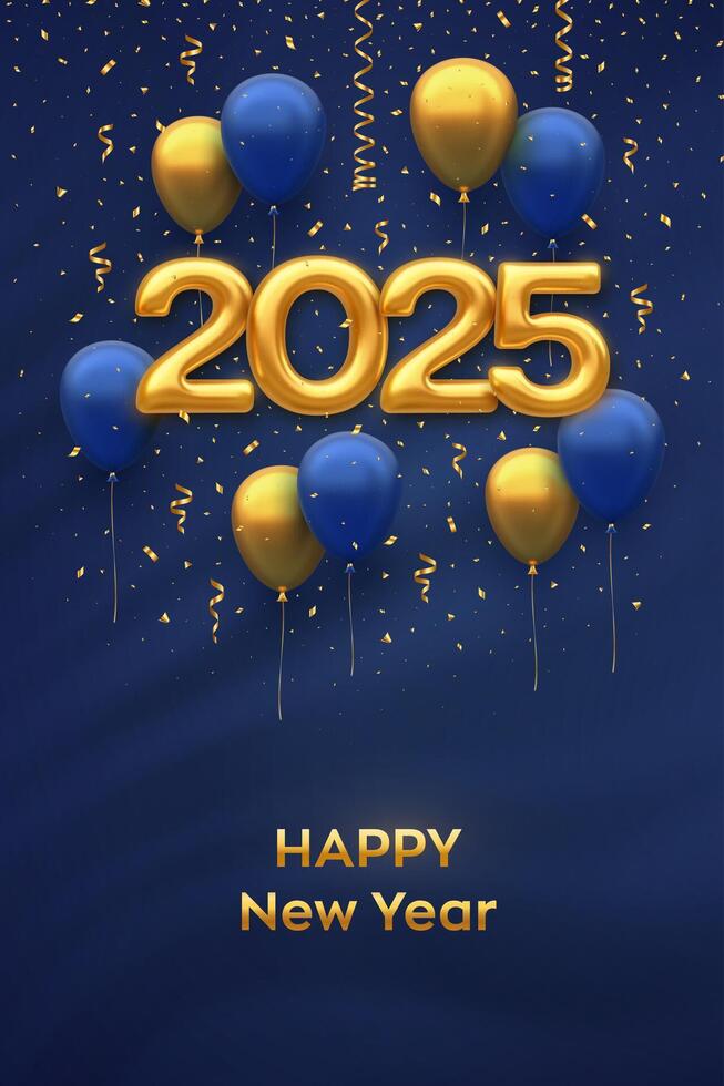 Happy New Year 2025. Hanging Golden numbers 2025 with 3D festive helium balloons and falling confetti on blue background. New Year, Xmas greeting card, banner template. vector