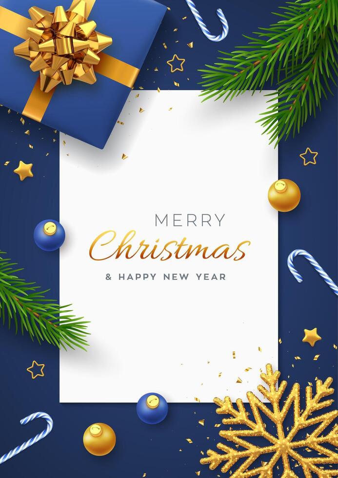 Christmas background with square paper banner, realistic blue gift box with golden bow, pine branches, gold stars and glitter snowflake, balls, candy canes. Xmas background, greeting cards. vector