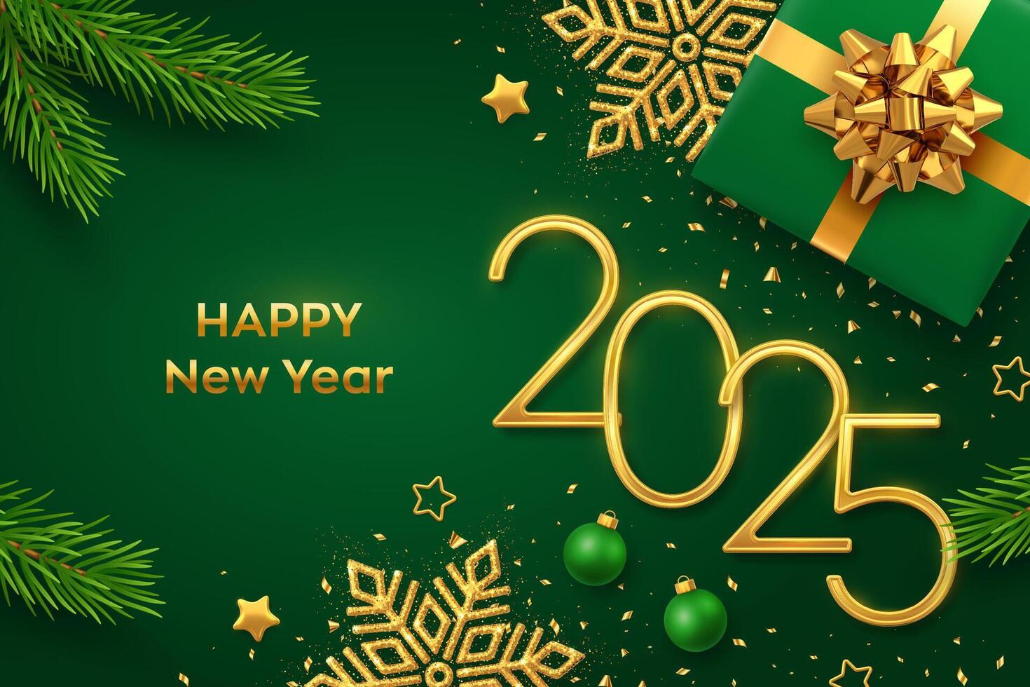 Happy New Year 2025. Golden metallic numbers 2025 with gift box, shining snowflake, pine branches, stars, balls and confetti on green background. New Year greeting card or banner template. vector