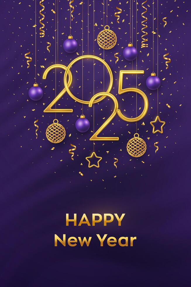 Happy New Year 2025. Hanging Golden metallic numbers 2025 with shining 3D metallic stars, balls and confetti on purple background. New Year greeting card, banner template. vector