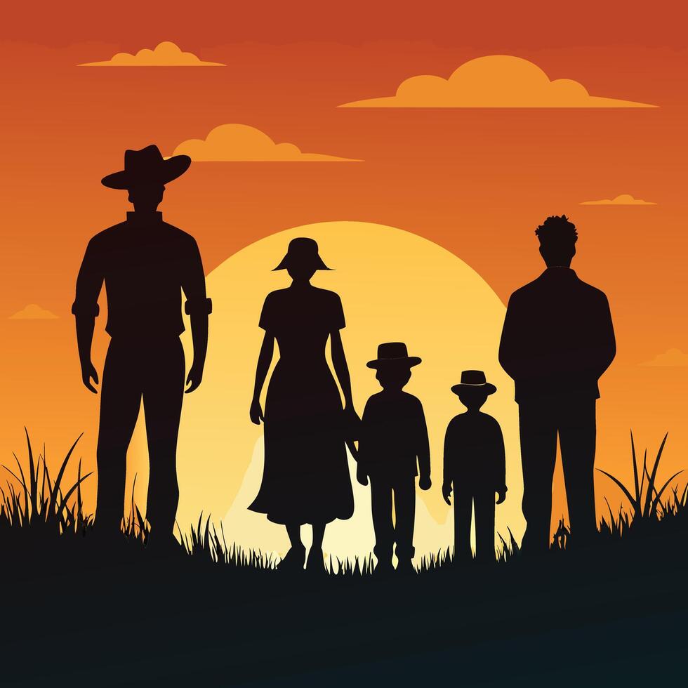silhouette of a family with two children and a man standing in front of a sunset vector