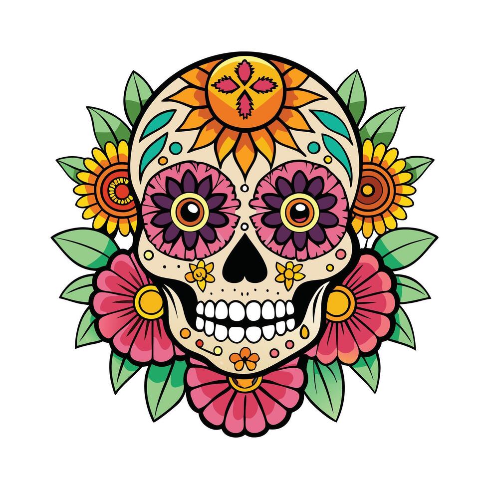 sugar skull floral makeup with peonies and sun flow vector