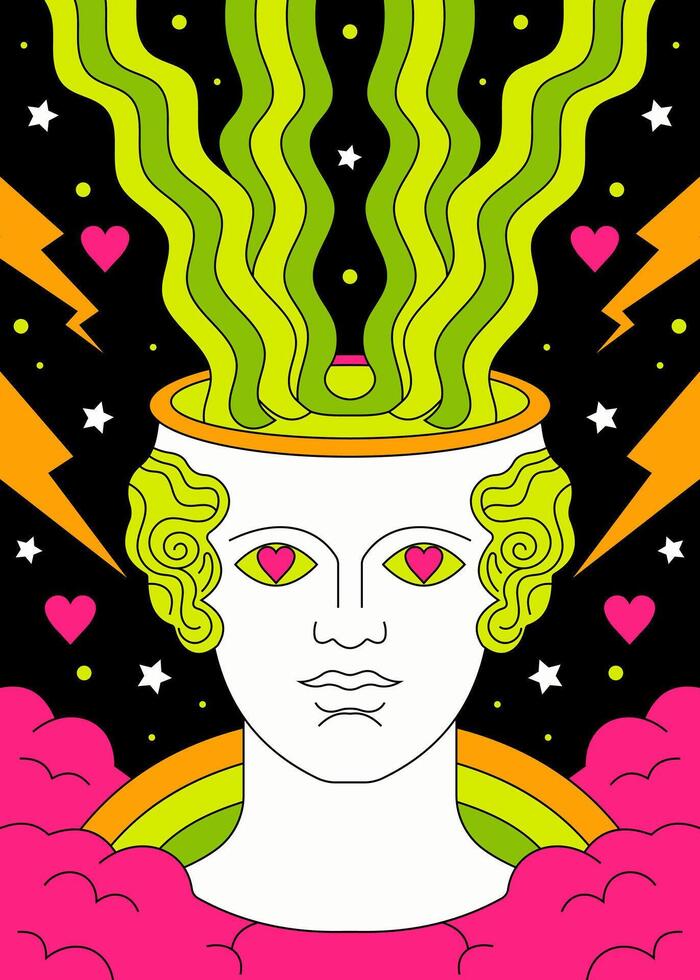 Surreal Pop Art Greek Bust with Psychedelic Elements and Neon Colors vector