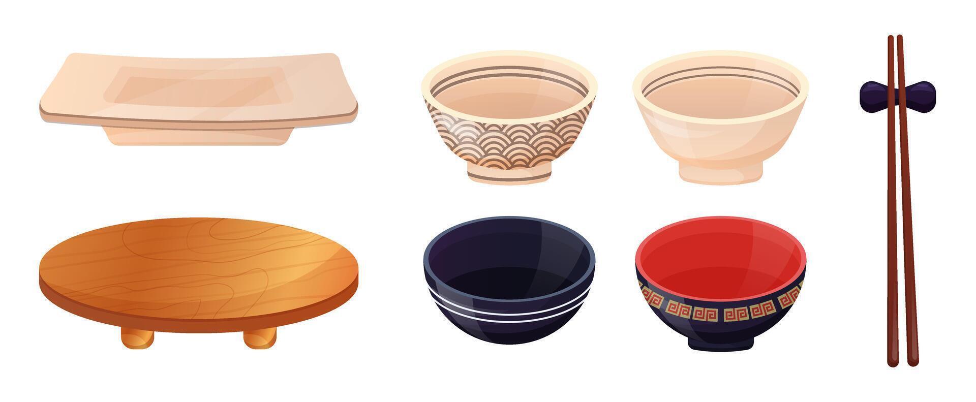 Traditional japanese utensils. Wooden chopsticks, round table, square plate, bowl. Asian food utensils elements isolated vector