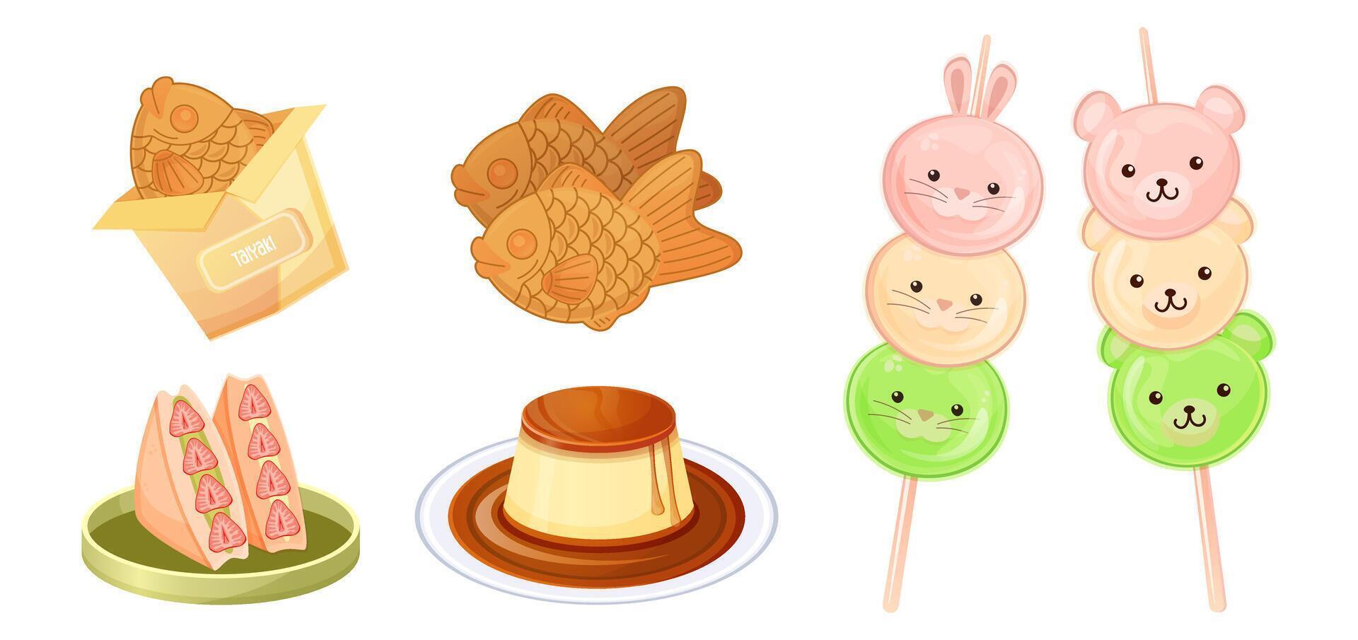 Japanese traditional sweets. Set of asian sweet snacks. Taiyaki, dango, purin cake. Clip art stickers isolated vector