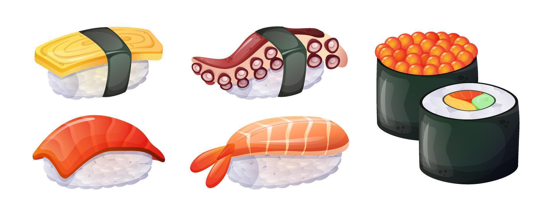 Sushi set. Sushi roll with tuna, salmon, octopus and omelette. Japanese food. Stickers isolated vector