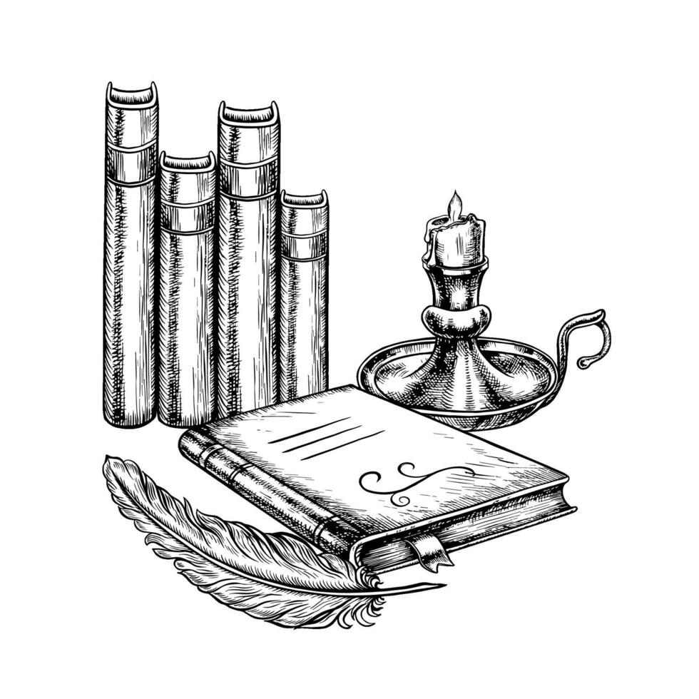 The manuscript. black and white graphics with images of books, pen and candles. Hand-drawn illustration on a white background. A design element for flyers, posters, stickers, banners vector