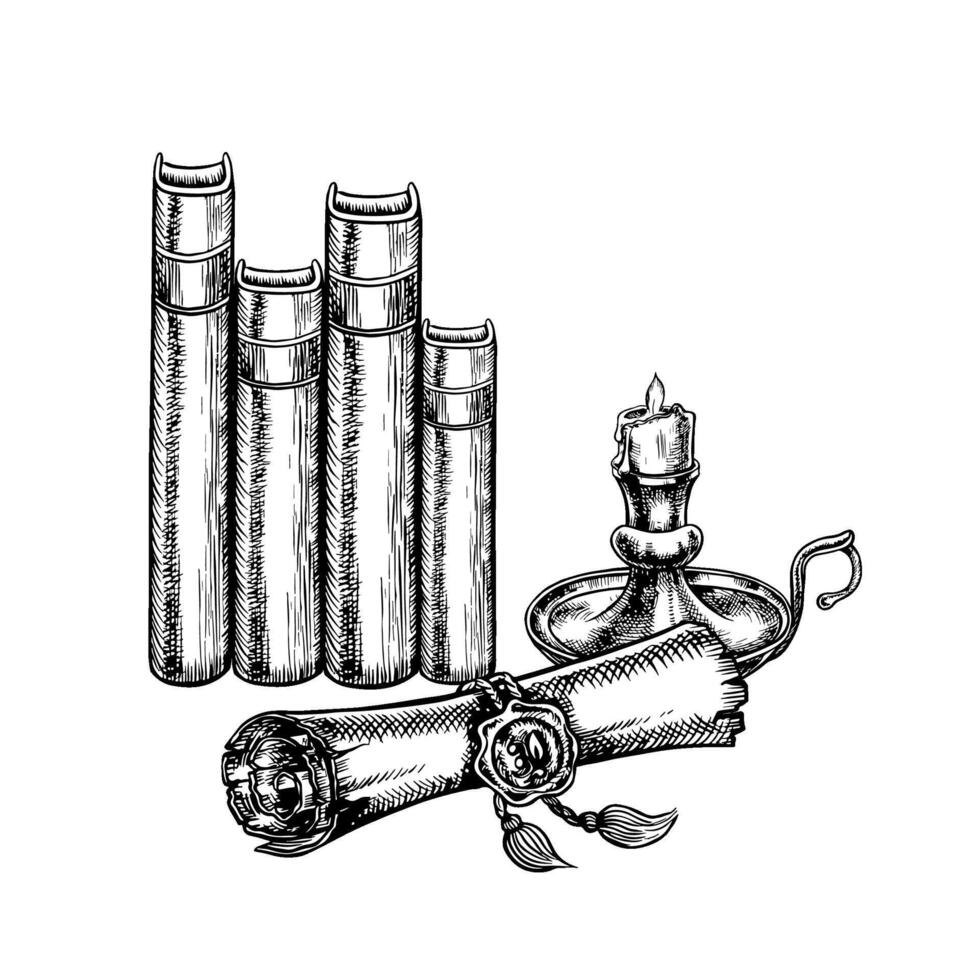The manuscript. black and white graphics with images of books, scrolls and candles. Hand-drawn illustration on a white background. A design element for postcards, flyers, posters, banners. vector