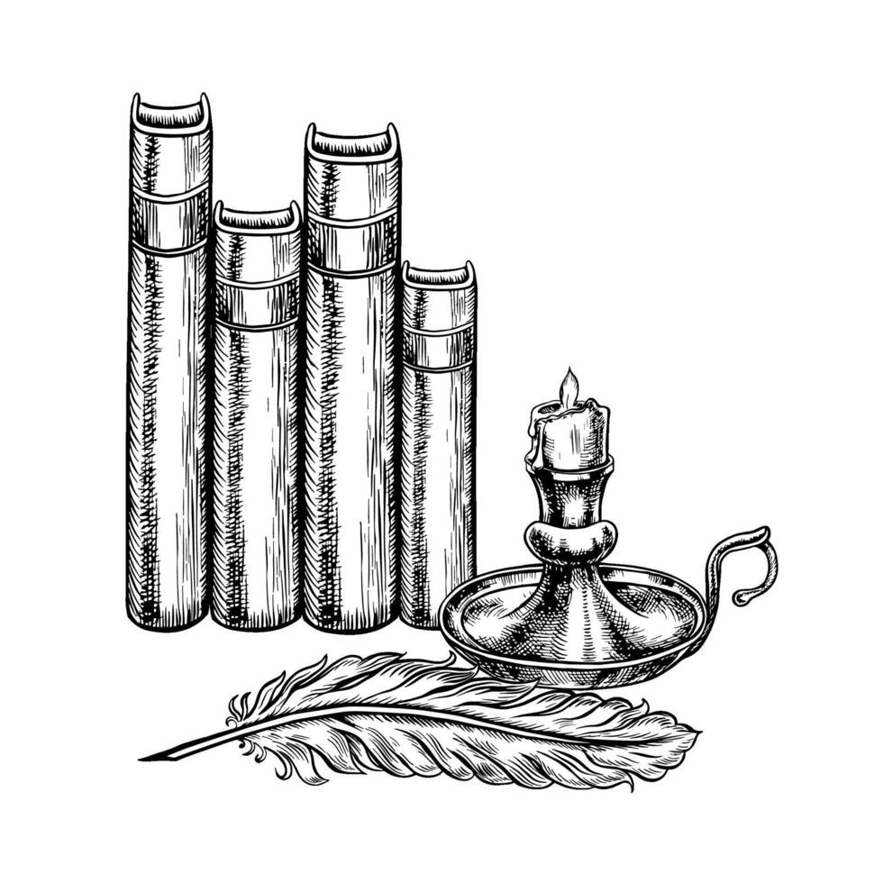 The manuscript. black and white graphics with images of books, pen and candles. Hand-drawn illustration on a white background. A design element for postcards, flyers, posters, stickers, banners vector
