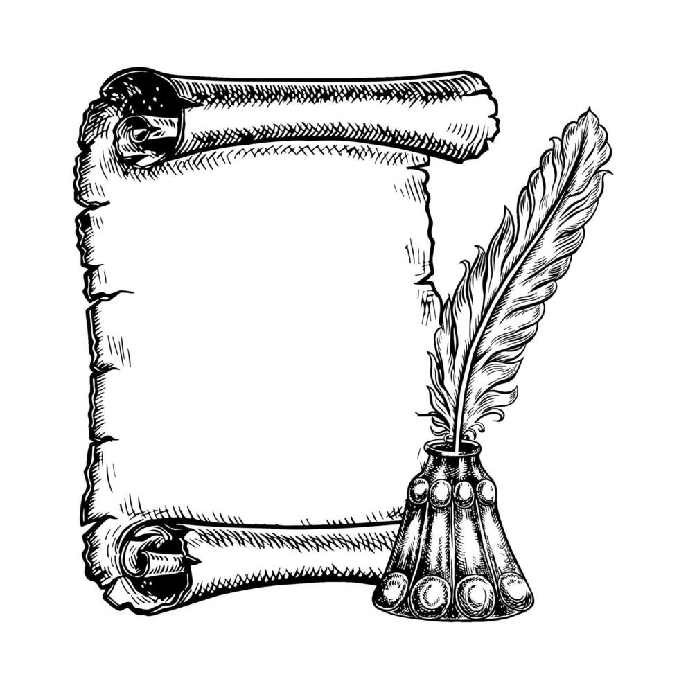An antique paper scroll and an inkwell with a pen. black and white graphics. Hand-drawn illustration on a white background. For postcards, flyers, posters. For stickers, flyers, banner and more vector