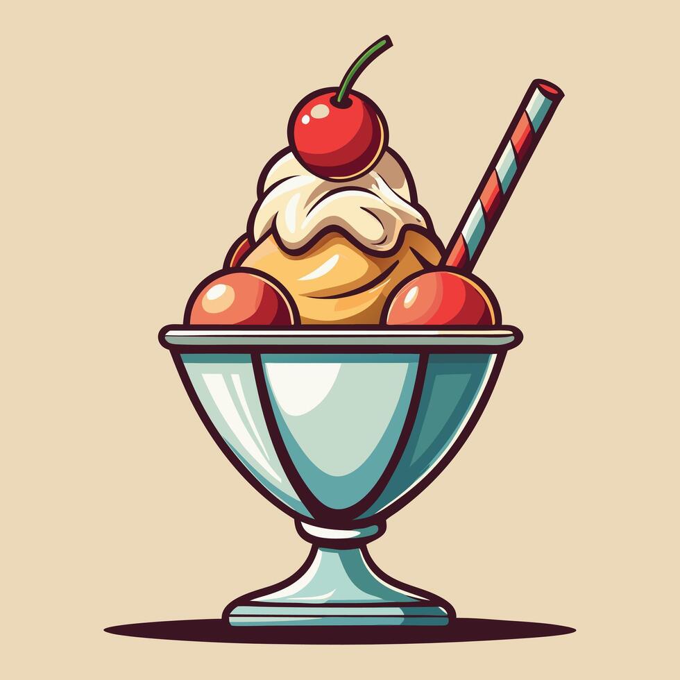 Delicious ice cream sundae with cherries and a straw in a bowl vector