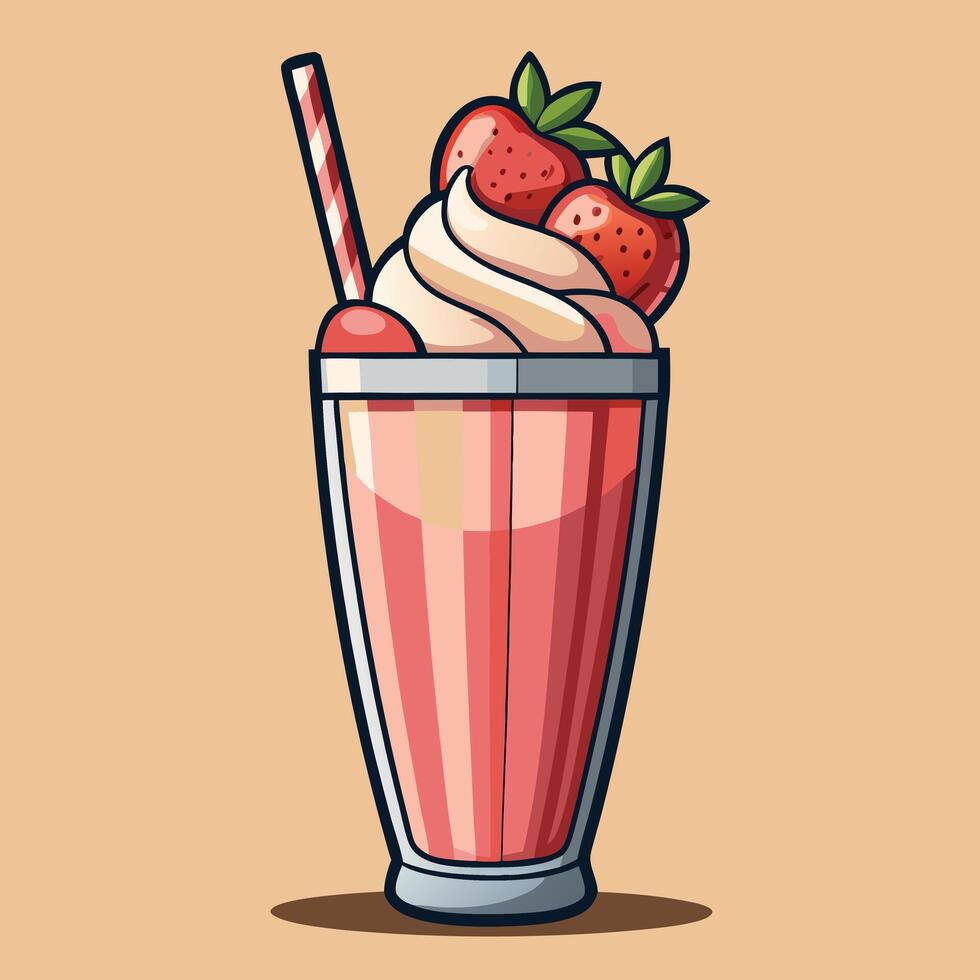Delicious strawberry milkshake with whipped cream and berries vector