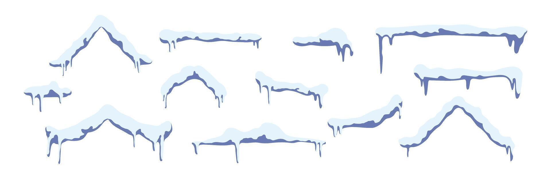 Collection of fluffy clouds in motion with dripping peaks. Snowy winter border with pile of snowflakes and icy drifts. Flat illustration isolated vector