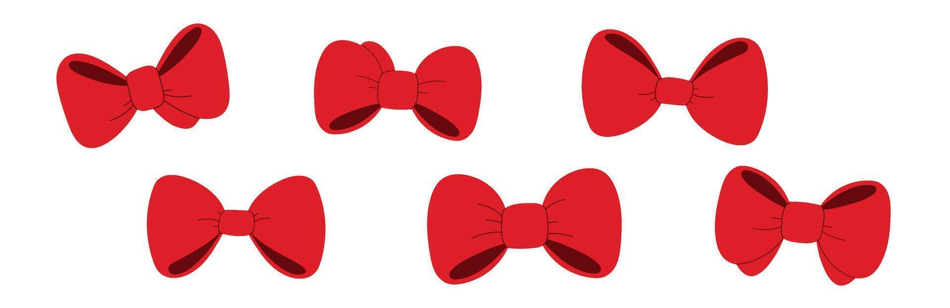 Classic Red ribbons bowtie with tape and knot details set. Luxury elements for Christmas presents. Flat illustration isolated on white background. vector