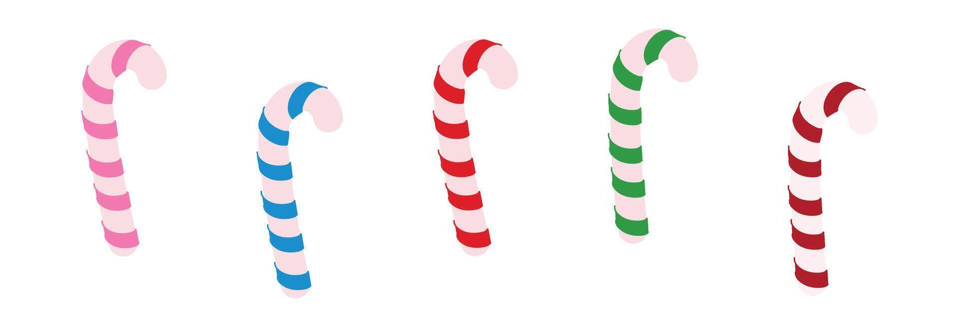 Red and white,blue, green candy cane with peppermint. Xmas candycane caramel stick. Flat illustration isolated on white background. vector