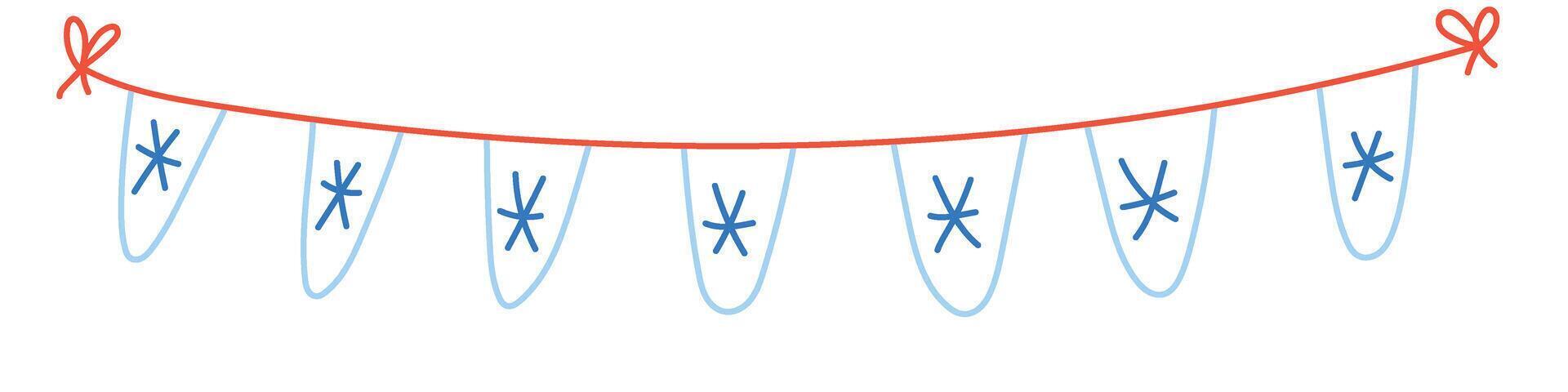 Christmas garland with triangle flags on string. Decorative pennant banner with snowflakes. Flat illustration isolated on white background. vector