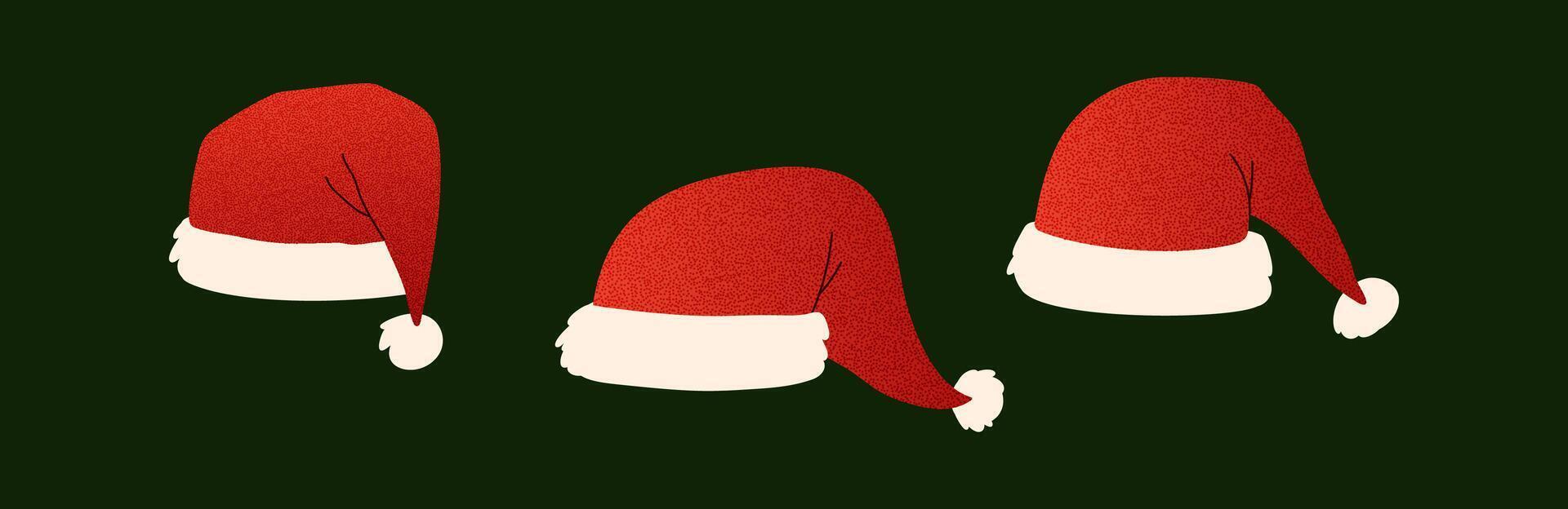 Cute cartoon Santa hat with soft details and halftone set. Classic Xmas cap for holiday icons. Flat illustration isolated on white background. vector