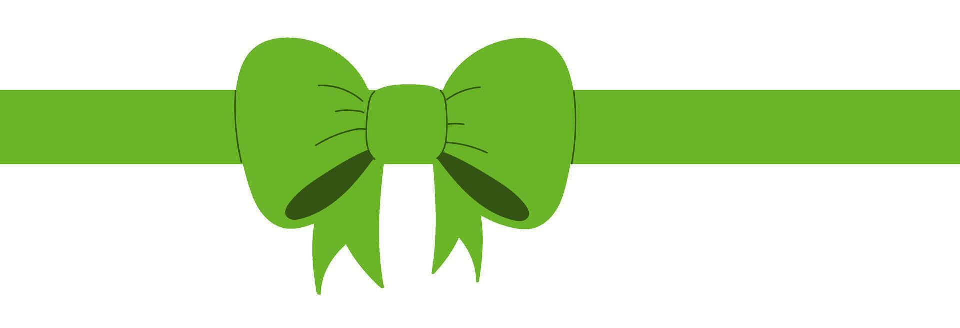 Green silk ribbon with tied bow placed horizontally. Christmas or birthday gift decoration isolated on white background. vector