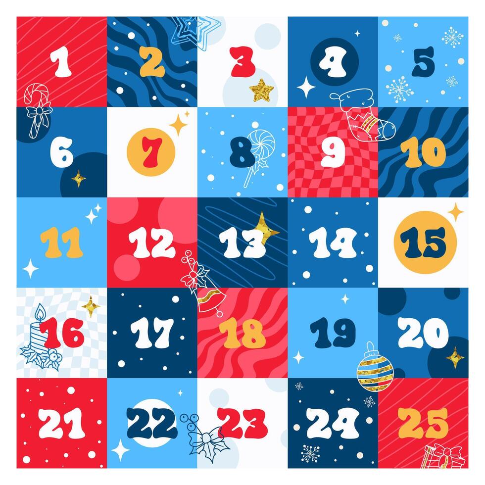 Bright Christmas Advent Calendar with outline xmas symbols. Gift, candy cane, bell, gingerbread, candle, stocking and Holly berry. Festive vintage design vector