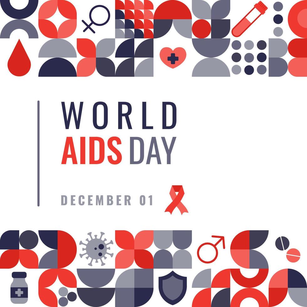 World AIDS Day geometric style design with medical symbols and red ribbon sign. Awareness of the dangers of AIDS concept vector