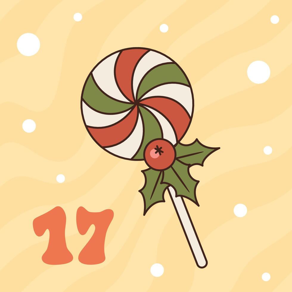 Xmas candy with holly isolated on yellow background. Christmas advent calendar design, day 17. Groovy style illustration vector