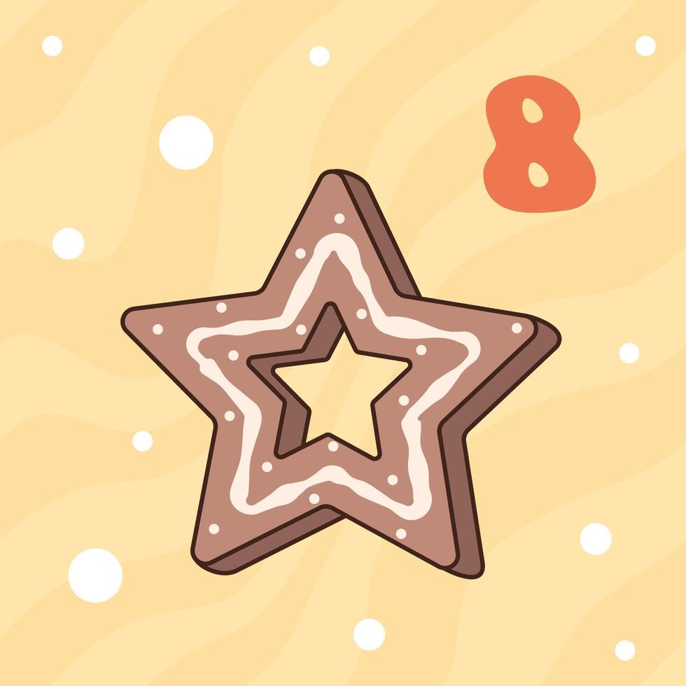 Xmas gingerbread star isolated on yellow background. Christmas advent calendar design, day 8. Groovy style illustration vector
