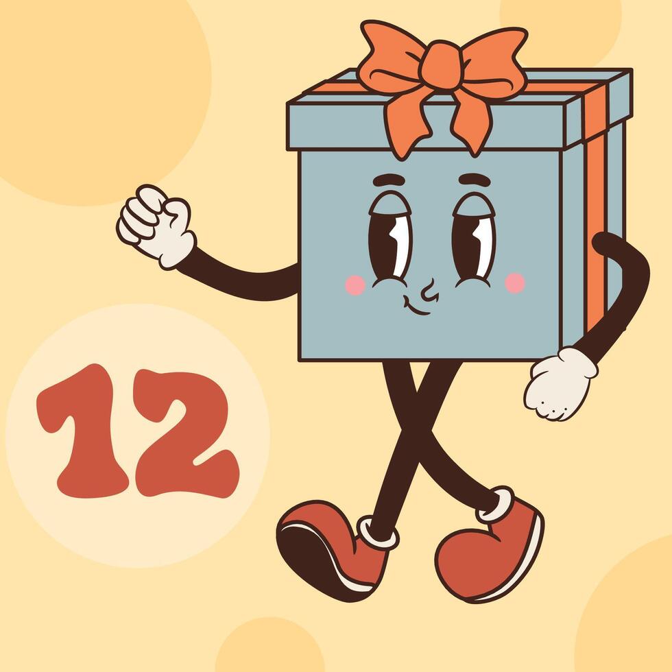 Groovy Gift character isolated on yellow background. Christmas advent calendar design, day 12 vector