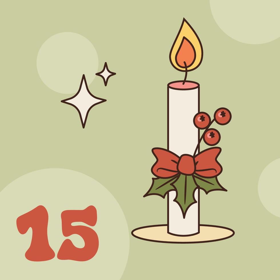 Xmas candle with bow and holly isolated on green background. Christmas advent calendar design, day 15. Groovy style illustration vector