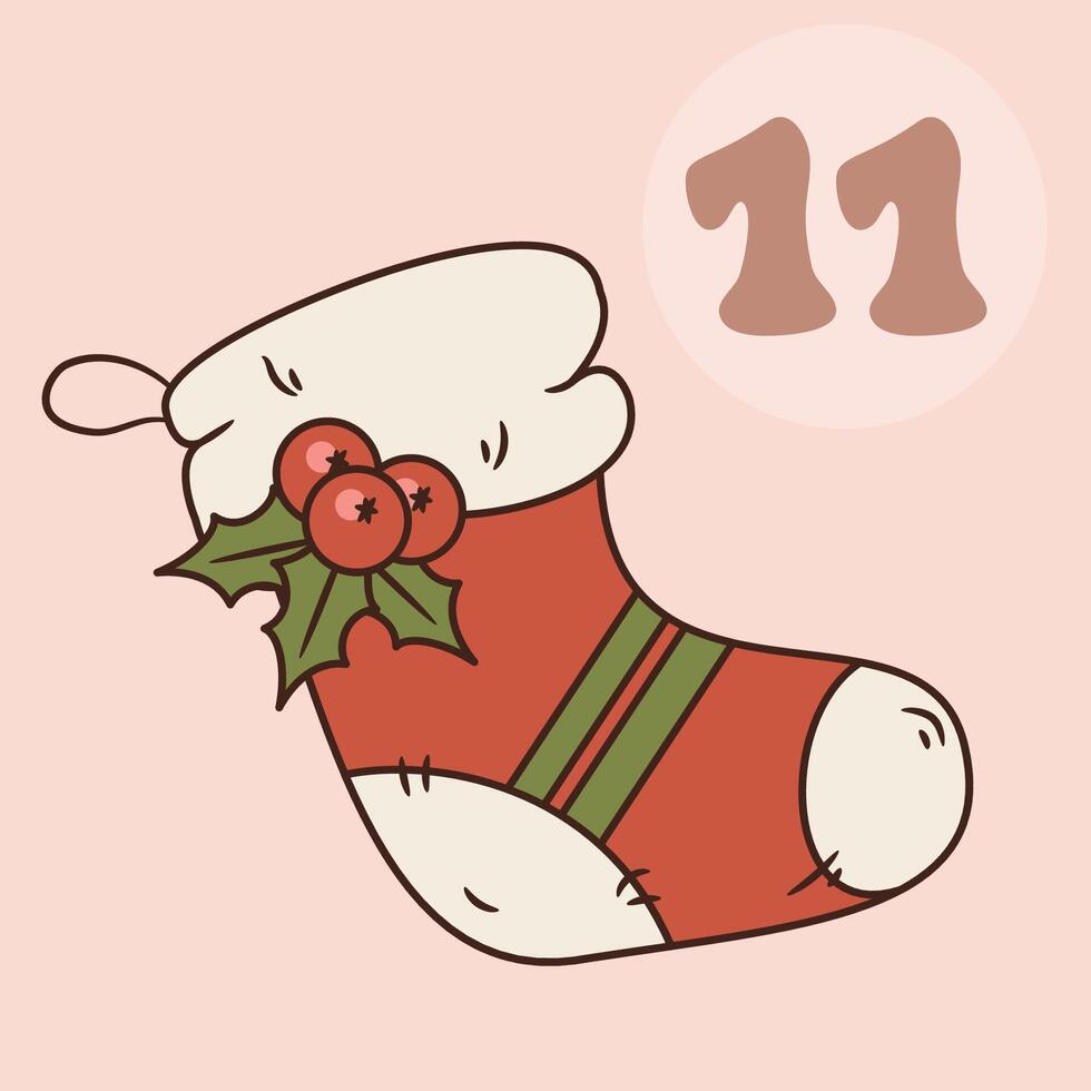 Xmas sock isolated on pink background. Christmas advent calendar design, day 11. Groovy style illustration vector