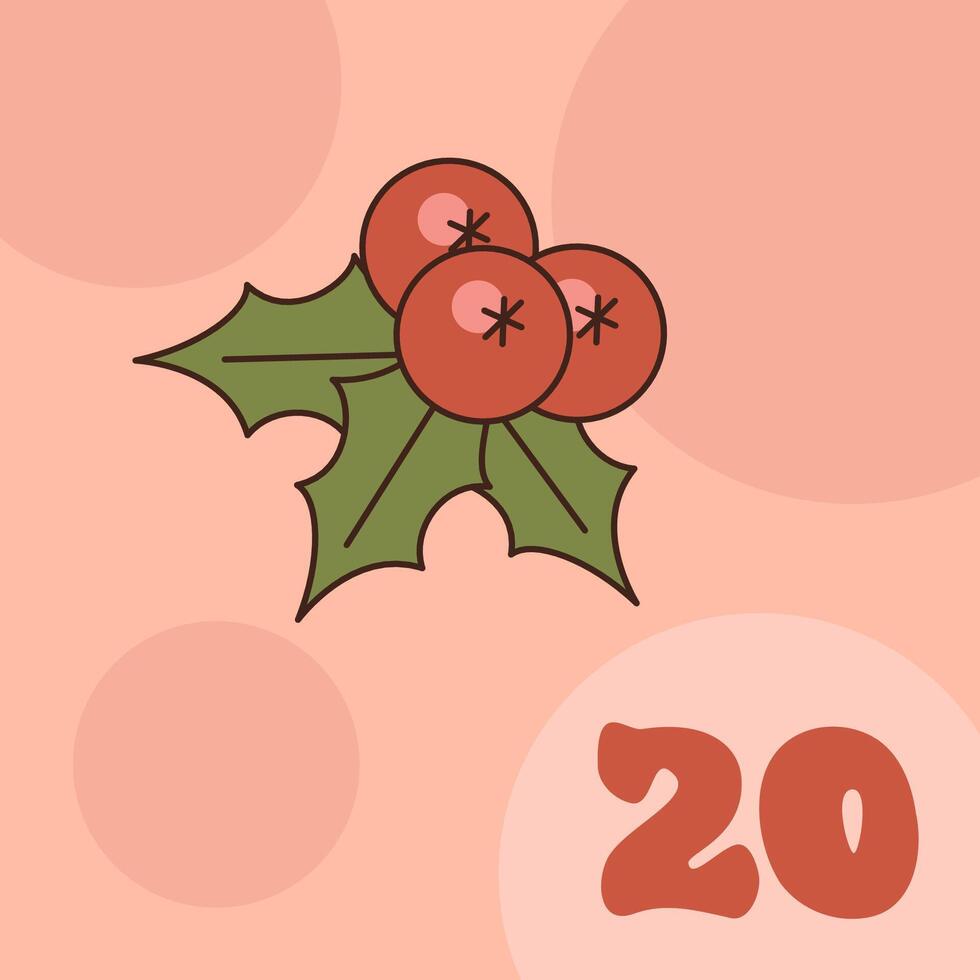 Xmas holly isolated on orange background. Christmas advent calendar design, day 20. Groovy style illustration vector