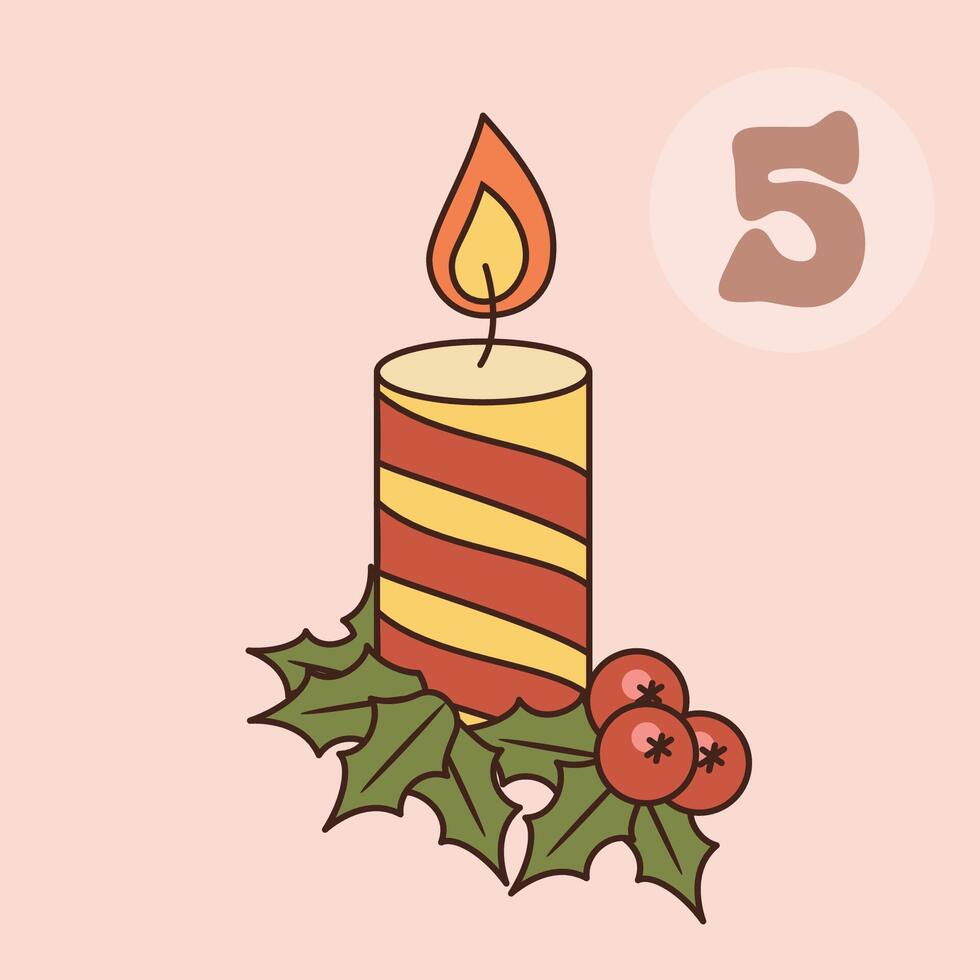 Xmas candle with holly isolated on pink background. Christmas advent calendar design, day 5. Groovy style illustration vector